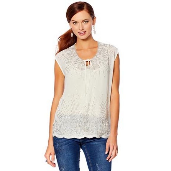 Hillary Scott Tops Nwt Hillary Scott Nude Chiffon Beaded Top Xs